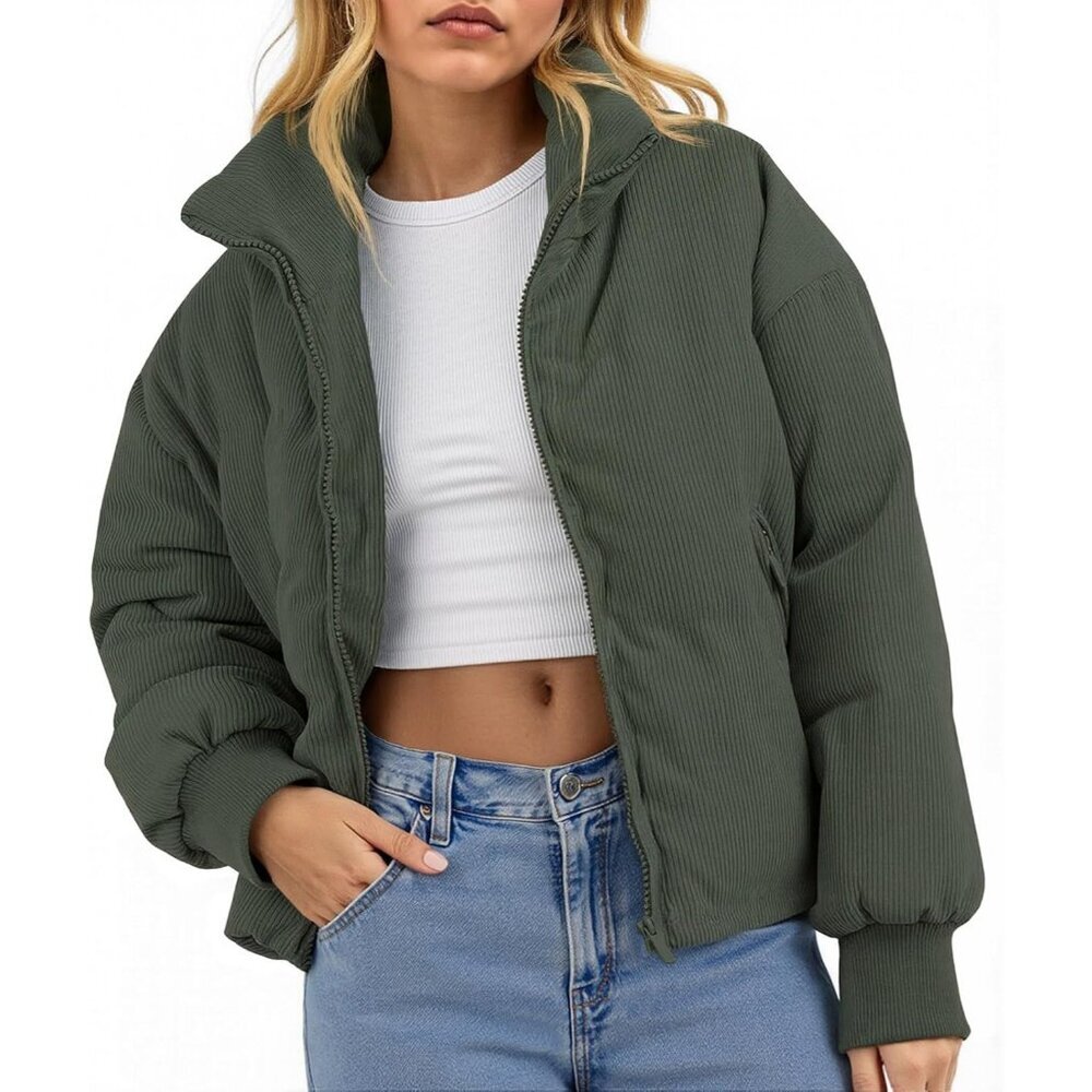 Women's Winter Fashion Green Corduroy Quilted Puffer Jackets Cropped Zip Up Coat